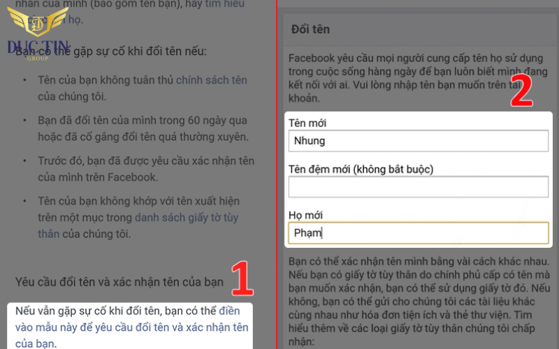 Chọn đường dẫn có nội dung "Điền vào biểu mẫu này để yêu cầu thay đổi tên và xác minh danh tính"